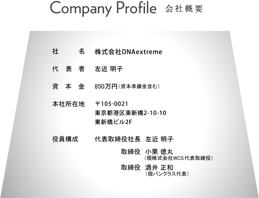 「Company Profile（会社概要）」[社名]株式会社DNAextreme、[代表者]左近 明子、[資本金]850万円（資本準備金含む）、[本社所在地]〒105-0021 東京都港区東新橋2-10-10 東新橋ビル2F、[役員構成]代表取締役社長　左近 明子、取締役　小栗 徳丸（現株式会社WCS代表取締役）、取締役　酒井 正和（現パンクラス代表）